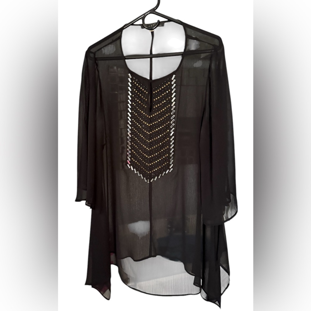 Rose & Olive caftan Black Sheer Tunic with Gold and Silver Accents 1X